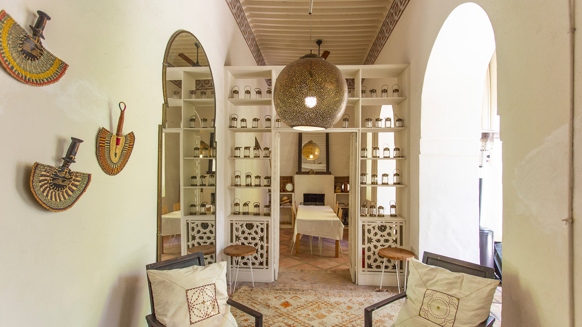 Traditional Moroccan interior with brass lantern