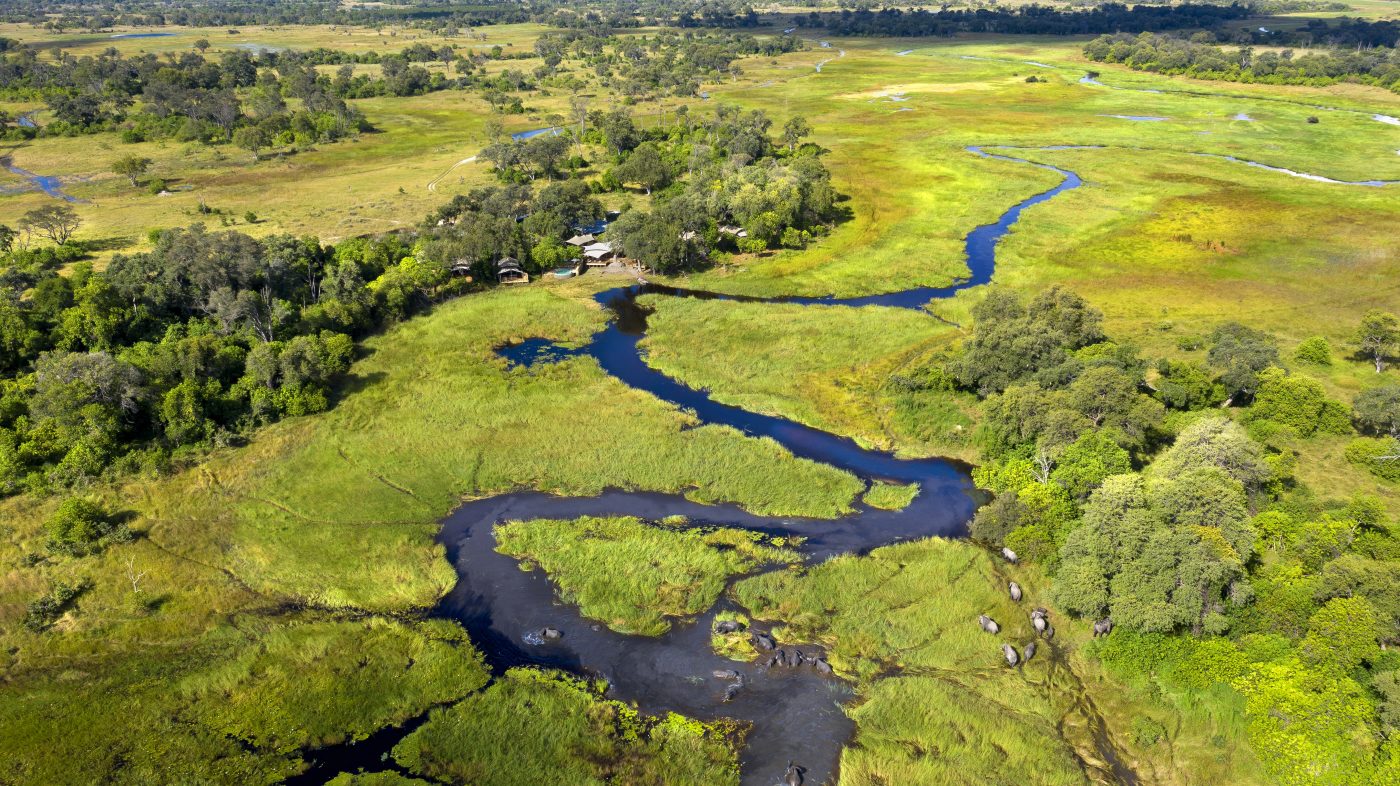Khwai Leadwood Camp aerial view in the Okavango Delta