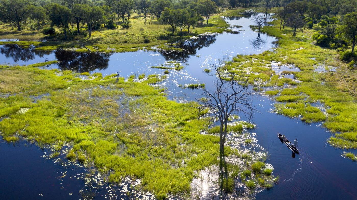 Okavango Delta waterways with mokoro canoe