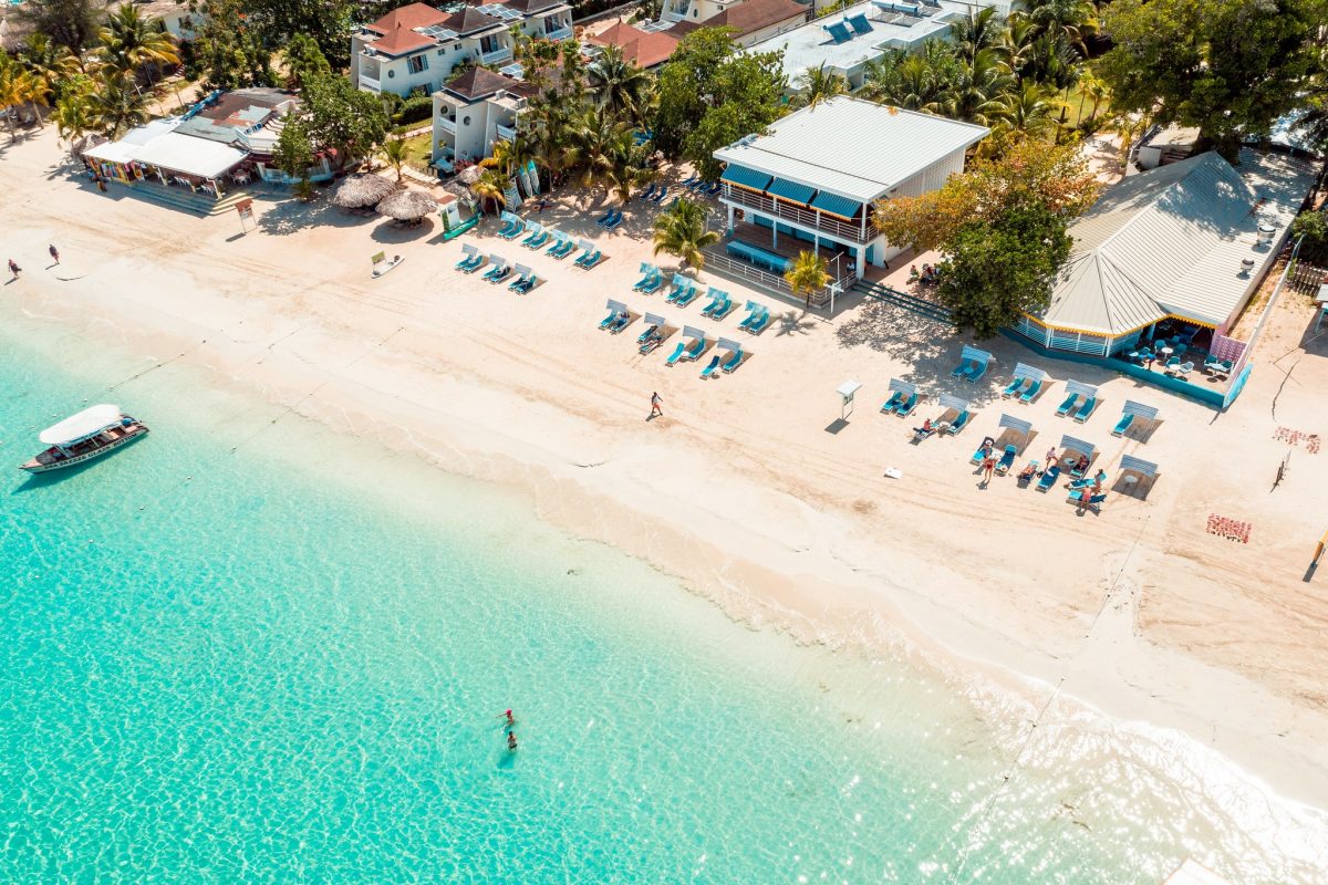 Aerial view of Skylark Negril on Seven Mile Beach with turquoise Caribbean water